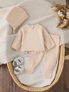 SHEIN Set Pakaian Bayi Baru Lahir Warna Krem, Atasan Rajut Lengan Panjang dengan Pita Renda dan Celana, Dilengkapi dengan Topi. - Unta - View 2