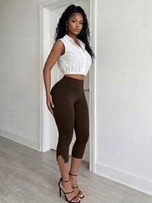 BamGleam Seamless Knit Sexy Split Leg Solid Color Capri Pants - Mocha Brown - View 4