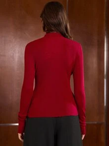 Anewsta Essential Burgundy Semi-High Neck Frill Trim Pleated Fitted Petal Sleeve Knit Sweater - Burgundy - View 6