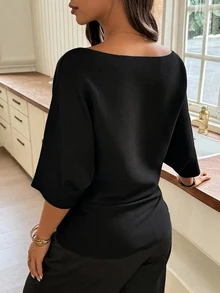 Dazy Maternity 寬鬆素色休閒短袖日常穿著初秋孕婦針織衫 - 黑色 - 查看 2