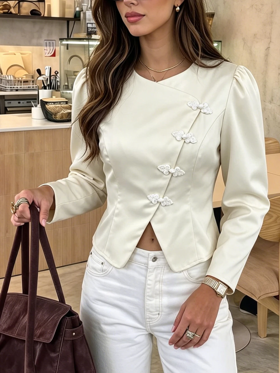Serisse Áo khoác nữ thời trang thanh lịch tay dài cài cúc hình ếch cho kỳ nghỉ - trắng - Xem 1