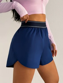 SHEIN Dewbera Women's Fashion Versatile Solid Color Asymmetrical Side Athletic Shorts - Navy Blue - View 5