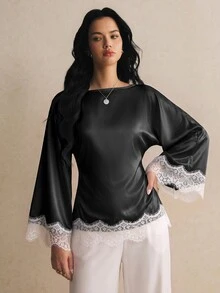 Poéselle 女款優雅蕾絲拼接收腰喇叭袖襯衫 - 黑色 - 查看 5