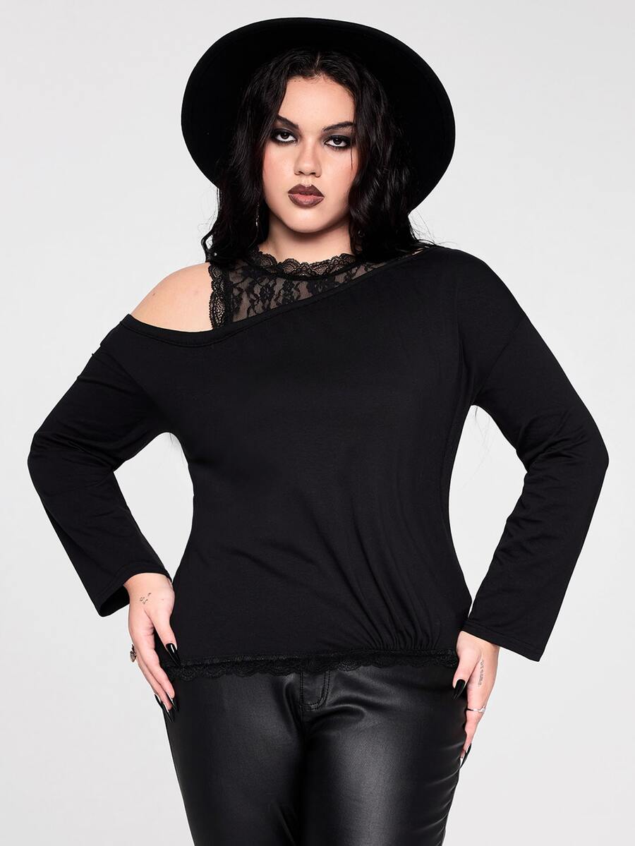 ROMWE Goth ملابس علوية نسائية مقاس كبير باللون الأسود بتصميم كتف مكشوف مع تطريز دانتيل وقطع متداخلة 2 في 1 - الأسود - مشاهدة 1