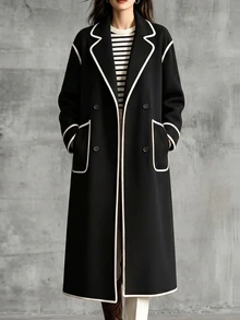 LUMIGAL Women's Autumn/Winter Lapel Neck Long Sleeve Trimmed Casual Overcoat - Black and White - View 8