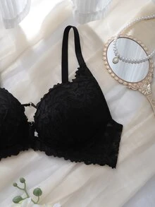 DelicateAllure Áo ngực size lớn màu đen có gọng, cúp đúc, nâng đỡ cao, khe ngực thấp, phối ren, phong cách Pháp lãng mạn - màu đen - Xem 3