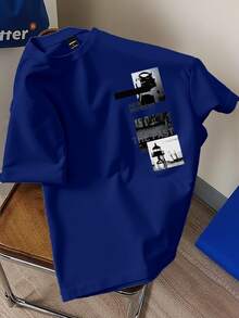 Daypath Unisex "NEW MOMENT THE PAST" Black & White Image Collage Design Crew Neck T-Shirt, Classic Vintage Minimalist Crew Neck Top - Blue - View 1