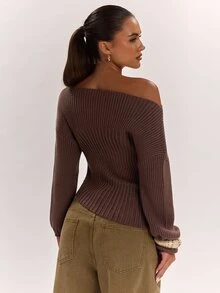 SHEIN BAE Autumn/Winter New Women's Fashion Versatile Elegant Chic Solid Color Knitted Fitted Ruched Casual Sweater - Brown - View 2