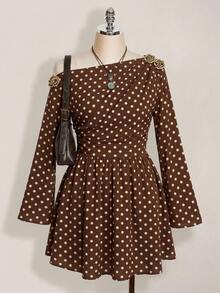 SHEIN ICON Plus Size Y2K Polka Dot Print Long Sleeve Dress - Vintage Casual Slim Fit, Suitable For Spring And Autumn - Brown - View 1