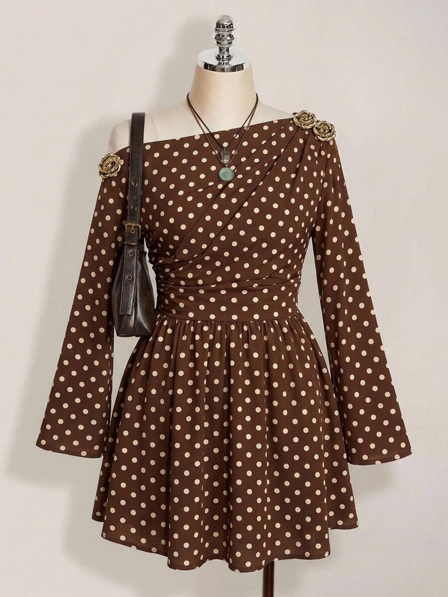 SHEIN ICON Plus Size Y2K Polka Dot Print Long Sleeve Dress - Vintage Casual Slim Fit, Suitable For Spring And Autumn - Brown - View 1