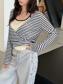 K-Vae Women's Striped Knit Sweater + Camisole 2 Pieces Set - Navy Blue - View 6