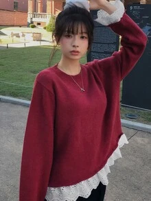 DAZY Patchwork Contrast Color Lace Trim Loose Long Sleeve Red Pullover Knit Sweater Casual Vacation Korean Style Daily Autumn/Winter Women's Sweater - Red - View 1