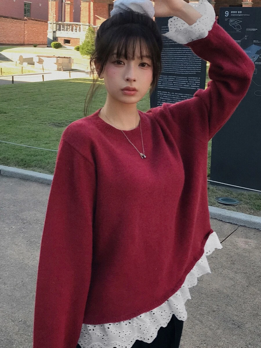 DAZY Patchwork Contrast Color Lace Trim Loose Long Sleeve Red Pullover Knit Sweater Casual Vacation Korean Style Daily Autumn/Winter Women's Sweater - Red - View 1