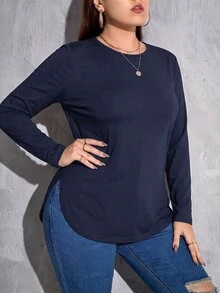 SHEIN Essnce 大尺碼女款純色時尚極簡長袖T恤 秋季 - 藏蓝色 - 查看 5