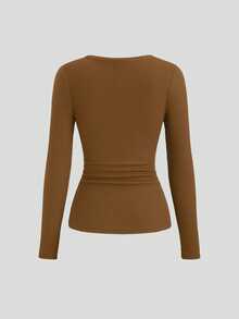 Sweetra Women's Autumn Half-Open Cuff Eyelet Decor Lace 2 In 1 Long Sleeve Solid Color T-Shirt - Chocolate Brown - View 2
