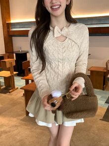 DAZY Women's Bowknot Long Sleeve 2 In 1 Sweater, Autumn/Winter - Beige - View 4