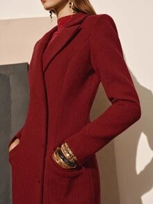MOTF PREMIUM WOMEN'S VELVET PATCHWORK WAIST-CINCHING MID-LENGTH COAT, AUTUMN/WINTER - Red - View 2