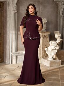 Aureia Plus Size Elegant Minimalist Burgundy Elastic Knit Beaded Rhinestone Trim Cape 2 In 1 Mermaid Long Dress Suitable For Wedding Events, Bachelor Party, Holiday Party, Vacation, Formal Evening Gown - Burgundy - View 3