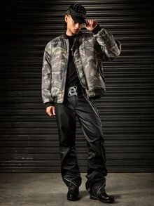 ROMWE MEN Street Life Jaket Musim Dingin Pria Model Baseball Kerah Kamuflase dengan Resleting - Hijau - View 7