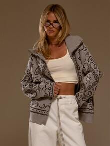 MUSERA Bandana Print Zip Through Tall Funnel Neck Knitted Oversized Cardigan Fall Autumn Winter Christmas - Grey - View 1