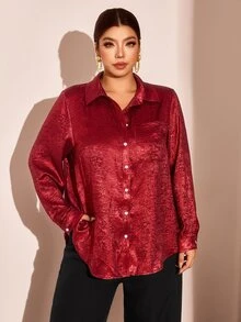 Cravure Autumn Pearlescent Texture Fashion Elegant Commute Party Date Loose Lightweight Textured Draped High-End Women's Blouse - Burgundy - View 6