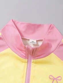 Tween女孩秋冬休閒運動日常基礎極簡風拉鍊立領針織高彈力拼色蝴蝶結印花運動夾克與交叉腰喇叭長褲2件套，粉色與黃色 - 粉色 - 查看 5