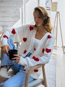 SHEIN Petite Size Heart Print Detailed With Front Button Casual Long Sleeve Cardigan - White - View 3