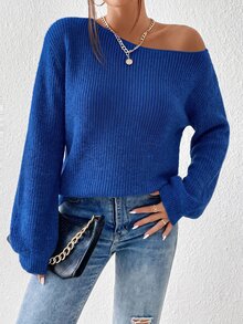SHEIN BASICS 女款純色不對稱領口休閒時尚寬鬆長袖針織衫 - Brilliant Blue - 查看 6