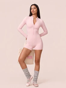 SHEIN BAE Women's Solid Color Hollow Back Design Long Sleeve Sports Romper - Baby Pink - View 6