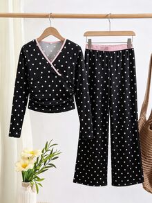 SHEIN Tween Girl Black Polka Dot & Pink Contrast 2 Pieces T-Shirt Set, Long Sleeve Slim Fit V-Neck Patchwork Top With Straight Leg Pants, Casual Loose Old Money Style, Suitable For School, Autumn, Halloween, Christmas And Daily Wear - Black - View 4