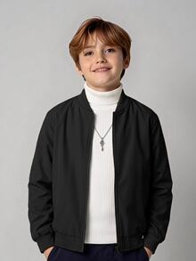 SHEIN 兒童青少年男孩抓絨內裡超高CP值拉鍊棒球夾克，百搭通勤上學日常休閒大學旅行運動，秋冬款 - 黑色 - 查看 2