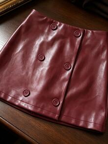 INAWLY Women's Double-Breasted Burgundy Skirt - Burgundy - View 4
