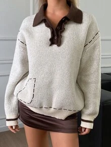Livesso Fall/ Brown And White Polka Dot Round Neck Long Sleeve Cable Knit Fitted Ribbed Casual Preppy Women's Sweater School - Apricot - View 4