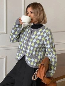 Livesso Áo cardigan nữ màu xanh cổ tròn cài nút dệt vặn thừng tay dài ôm dáng gân tăm, thu/đông - màu xanh lá - Xem 5