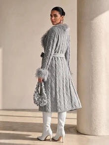Xyvia Women's Autumn/Winter Heavy Beaded Fur Collar Belted Knit Cardigan Jacket, Premium Grey Twisted Cable Knit, Suitable For Shopping, Dating, Commuting, Party, Holiday - Grey - View 2