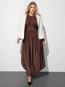 Maija Plus Size Women's Solid Color Long Sleeve Round Neck Cinched Waist Ruffle Hem Dress - Brown - View 7