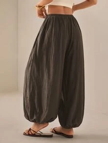 SHEIN PETITE 2026年女款春夏度假系列：優雅橄欖綠寬鬆喇叭褲 - 咖啡棕 - 查看 2