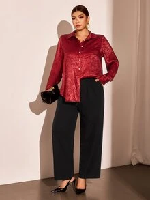 Cravure Autumn Pearlescent Texture Fashion Elegant Commute Party Date Loose Lightweight Textured Draped High-End Women's Blouse - Burgundy - View 3