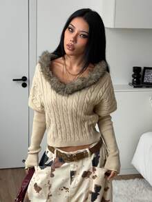 StreetHx Women's Loose Casual Cable Knit Heavy Collar Patchwork Pullover Sweater For Daily Commute - Khaki - View 4