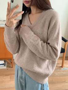 DAZY Solid Color Loose Long Sleeve V-Neck Casual Daily Vacation Korean Style Autumn/Winter Pullover Thick Knit Sweater For Women - Apricot - View 6