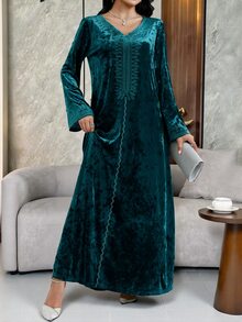 Al Najma 女款天鵝絨刺繡領阿拉伯式洋裝，秋季適用，Ninang 婚禮早晨晚宴洗禮賓客裝，珍珠飾面，端莊休閒優雅愛爾蘭風 - 綠色 - 查看 3
