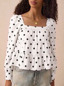 Muvela Áo blouse nữ tay dài họa tiết chấm bi, gấu bèo nhún, phong cách Pháp thanh lịch dễ thương, sang trọng lịch sự, phù hợp đi làm công sở, mùa Thu/Đông, Giáng sinh, tựu trường, đi brunch - Nhiều màu - Xem 5