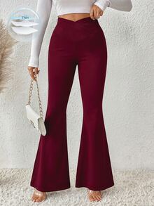 SHEIN LUNE 2025新款女式休閒通勤度假節日不對稱腰線顯瘦喇叭褲 素色 - 酒紅色 - 查看 3
