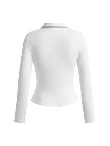 SHEIN Velisys قميص بولو رياضي نسائي بلون موحد بسحاب 1/4 وأكمام طويلة ضيق - متعدد الألوان - مشاهدة 7