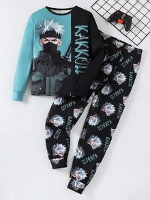 SHEIN 2pcs/Set Teen Boy/Teen Boys Casual Anime Print Fitted Long Pajama Set, Perfect For Autumn/Winter Back To School Season - 彩色 - 查看 3