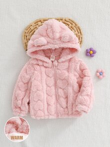 Cozy Pixies 女嬰 3D 耳朵珊瑚絨加厚愛心圖案連帽長袖外套 - 淺粉色 - 查看 7