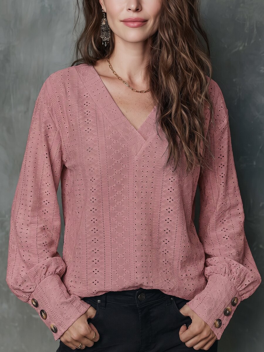 SHEIN LUNE Women's Sweet Fashion Embroidered Hollow Out T-Shirt - Rusty Rose - View 1