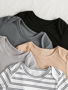 SHEIN Playful Pals 5件組 幼兒男嬰連身衣 經典甜美風 黑灰色與褐色條紋 羅紋扣扣長袖圓領 常規款 假日秋季聖誕萬聖節多件組 - 彩色 - 查看 4