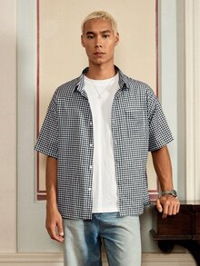 Resyla Men 男士格紋短袖單排扣休閒寬鬆襯衫 - 黑與白 - 查看 3