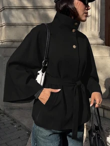 Aloruh Minimalist Commuter Brown Small Stand Collar Cape Trench Coat, Cinched Waist, Long Sleeve, Short Length Women's Jacket - Black - View 7